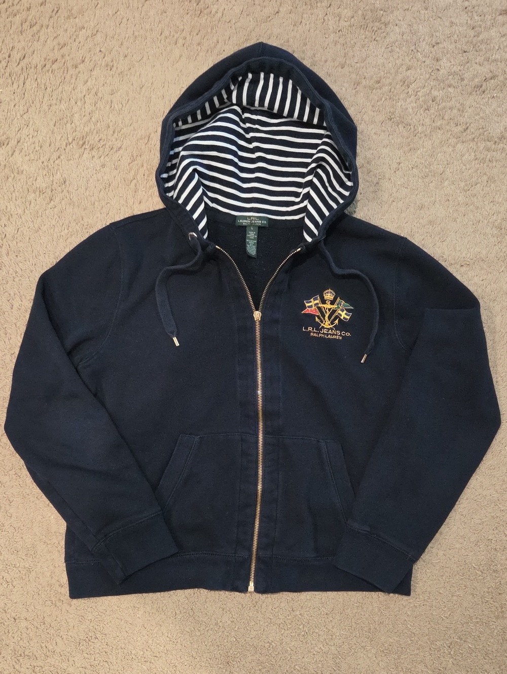 Lauren Ralph Lauren LRL Women's Navy Blue Zip Hoodie Striped Hood Crest Large L